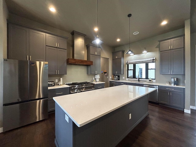 11654 Flambeau Rd, Tomah, WI 54660 - kitchen with appliances with stainless steel finishes, wall chimney range hood, dark wood finished floors, a sink, and a kitchen island