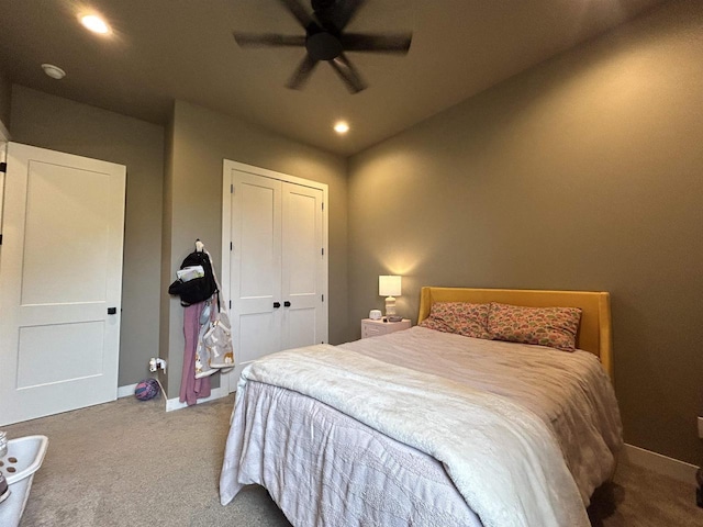 11654 Flambeau Rd, Tomah, WI 54660 - carpeted bedroom featuring baseboards, a closet, recessed lighting, and ceiling fan