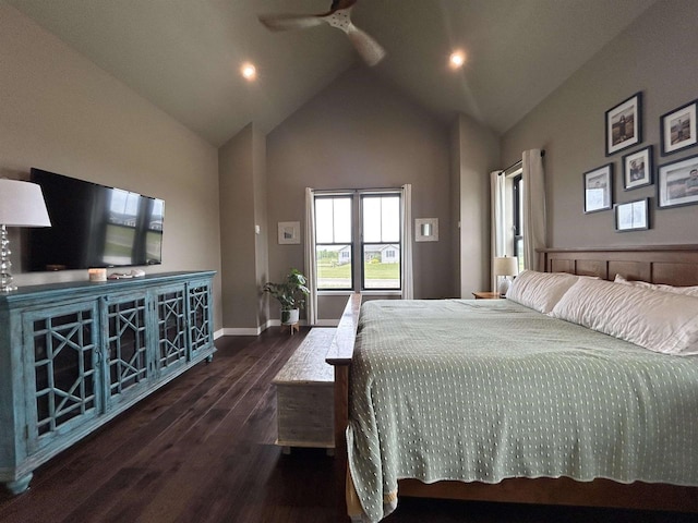 11654 Flambeau Rd, Tomah, WI 54660 - bedroom with wood finished floors, high vaulted ceiling, baseboards, and a ceiling fan