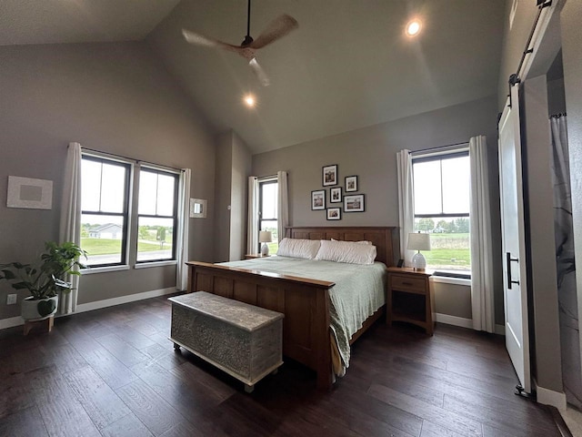 11654 Flambeau Rd, Tomah, WI 54660 - bedroom featuring high vaulted ceiling, dark wood-style floors, multiple windows, and a barn door