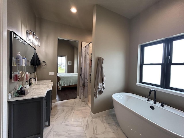 11654 Flambeau Rd, Tomah, WI 54660 - full bath featuring vanity, a freestanding tub, baseboards, curtained shower, and recessed lighting