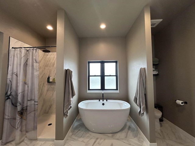 11654 Flambeau Rd, Tomah, WI 54660 - bathroom featuring toilet, curtained shower, marble look tiles, a freestanding tub, and recessed lighting