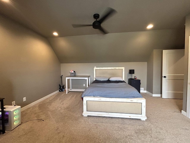 11654 Flambeau Rd, Tomah, WI 54660 - carpeted bedroom featuring vaulted ceiling, baseboards, recessed lighting, and a ceiling fan