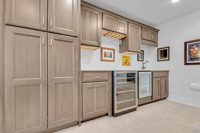 833 Red Hawk Dr, Walworth, WI 53184 - indoor bar featuring beverage cooler, light carpet, and baseboards
