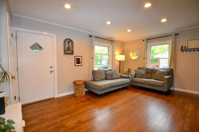 10432 W Manor Park Dr, West Allis, WI 53227 - living room with ornamental molding, wood-type flooring, recessed lighting, baseboards, and healthy amount of natural light