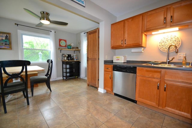 10432 W Manor Park Dr, West Allis, WI 53227 - kitchen featuring dishwasher, a sink, brown cabinetry, dark countertops, and a ceiling fan