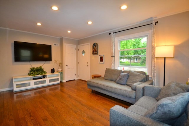 10432 W Manor Park Dr, West Allis, WI 53227 - living room with recessed lighting, ornamental molding, wood finished floors, and baseboards