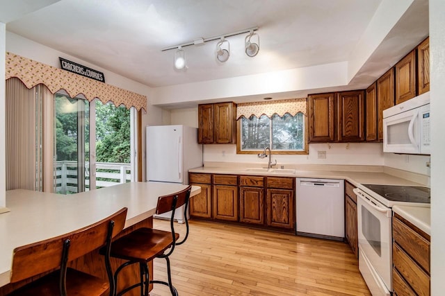 7423 Cedar Creek Trl, Madison, WI 53717 - kitchen with white appliances, a sink, light wood-style floors, and light countertops