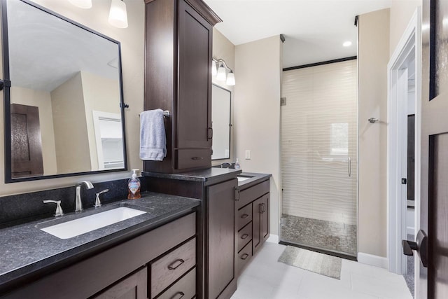 W4949 Cottage Ln, Sherwood, WI 54169 - bathroom with vanity, a stall shower, tile patterned floors, and baseboards