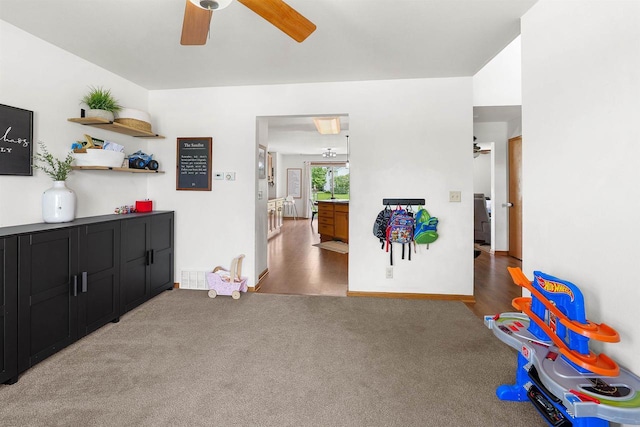 665 N Prairie Rd, Fond Du Lac, WI 54935 - game room featuring ceiling fan, carpet, and wood finished floors