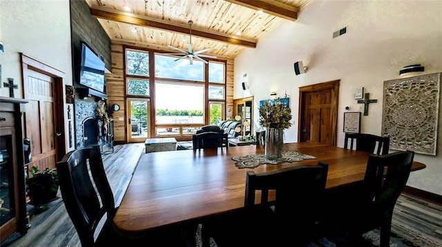 N528 Park Dr, New Auburn, WI 54757 - dining space with high vaulted ceiling, wooden ceiling with exposed beams, a fireplace, ceiling fan, and baseboards