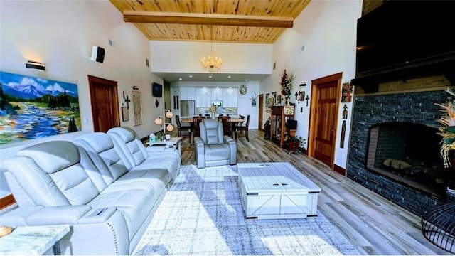 N528 Park Dr, New Auburn, WI 54757 - living area featuring wood ceiling with exposed beams, wood finished floors, a chandelier, a high ceiling, and a high end fireplace