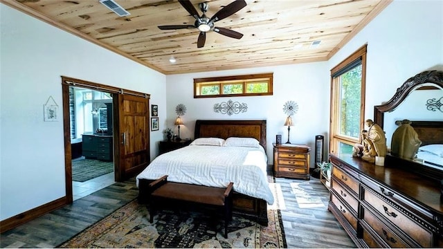 N528 Park Dr, New Auburn, WI 54757 - bedroom with wood ceiling, wood finished floors, crown molding, baseboards, and a ceiling fan