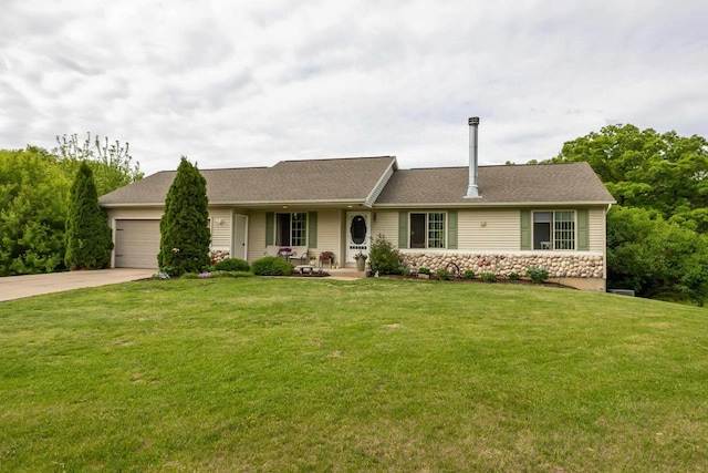 1320 Raymond Ct, Platteville, WI 53818 - single story home featuring stone siding, concrete driveway, a garage, and a front yard