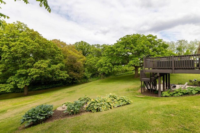1320 Raymond Ct, Platteville, WI 53818 - view of green lawn with a wooden deck and stairs