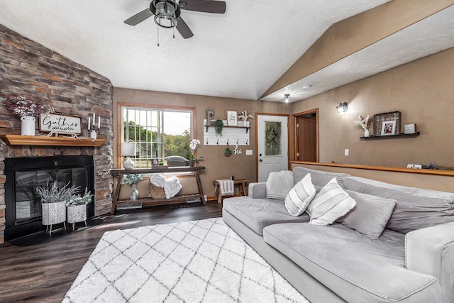 1320 Raymond Ct, Platteville, WI 53818 - living room with lofted ceiling, wood finished floors, ceiling fan, and a fireplace