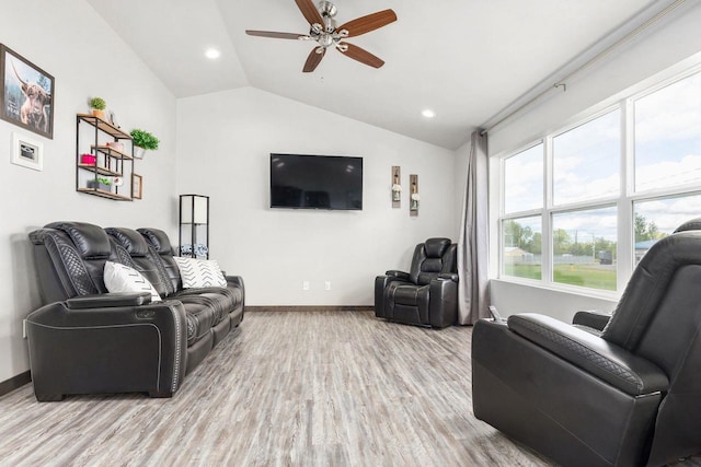 1732 Patriot Way, Neenah, WI 54956 - living area featuring lofted ceiling, light wood finished floors, baseboards, ceiling fan, and recessed lighting