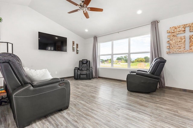 1732 Patriot Way, Neenah, WI 54956 - living area with vaulted ceiling, baseboards, a ceiling fan, light wood-style flooring, and recessed lighting
