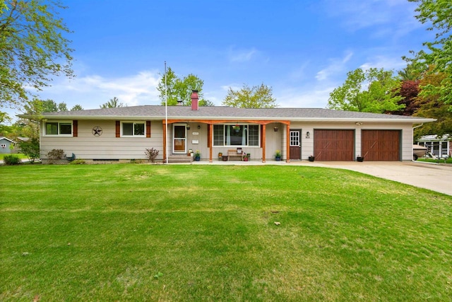 1651 4th St, Port Edwards, WI 54469 - ranch-style house with a chimney, a garage, a front yard, driveway, and a porch