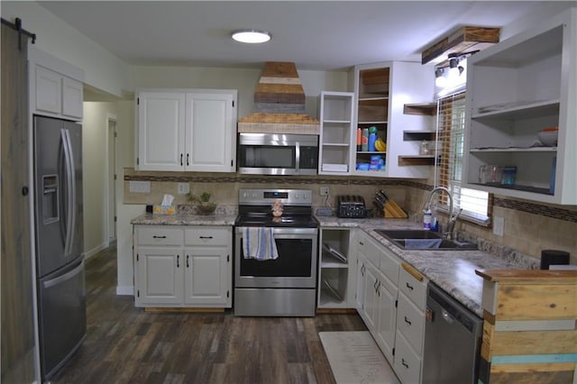 1905 E Clairemont Ave, Eau Claire, WI 54701 - kitchen with appliances with stainless steel finishes, open shelves, a sink, white cabinetry, and tasteful backsplash