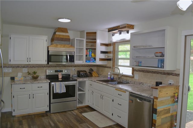 1905 E Clairemont Ave, Eau Claire, WI 54701 - kitchen with stainless steel appliances, open shelves, a sink, and white cabinetry