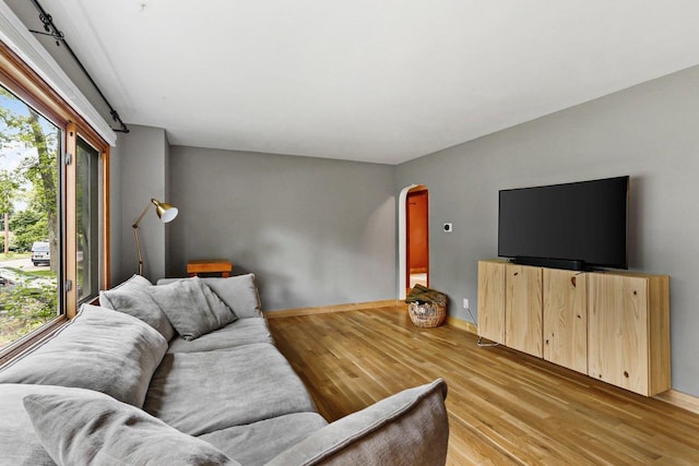 4705 Winnequah Rd, Monona, WI 53716 - living area with arched walkways, light wood-style floors, and baseboards