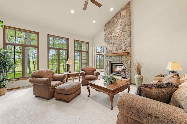 705 Red Fox, Fond Du Lac, WI 54937 - carpeted living area with a ceiling fan, high vaulted ceiling, a fireplace, baseboards, and recessed lighting
