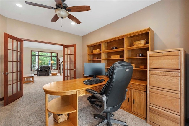 7197 Welford Pl, Sun Prairie, WI 53590 - home office featuring french doors, light colored carpet, a ceiling fan, and recessed lighting