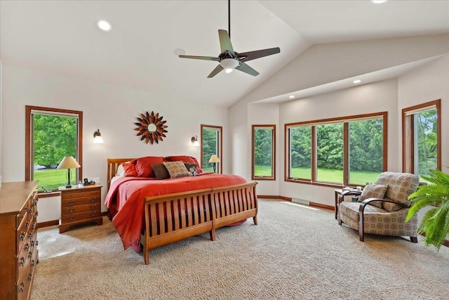7197 Welford Pl, Sun Prairie, WI 53590 - carpeted bedroom with multiple windows, recessed lighting, high vaulted ceiling, ceiling fan, and baseboards