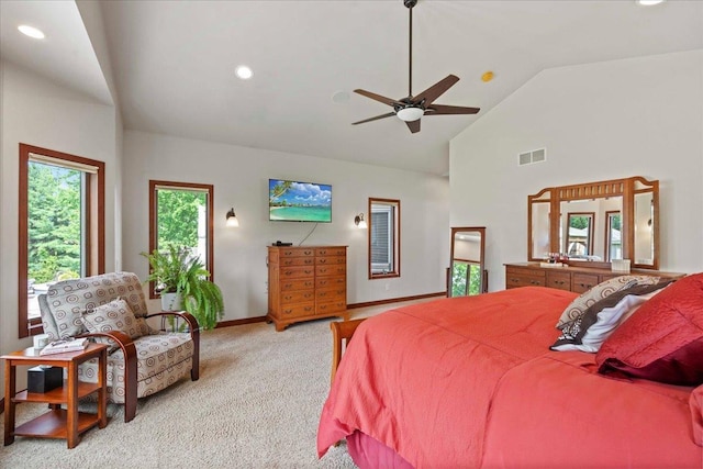 7197 Welford Pl, Sun Prairie, WI 53590 - bedroom featuring light carpet, baseboards, recessed lighting, high vaulted ceiling, and a ceiling fan
