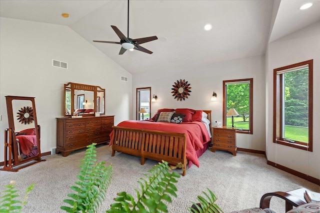7197 Welford Pl, Sun Prairie, WI 53590 - carpeted bedroom with baseboards, high vaulted ceiling, ceiling fan, and recessed lighting