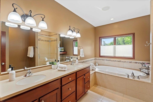 7197 Welford Pl, Sun Prairie, WI 53590 - full bath with a garden tub, double vanity, a shower stall, and tile patterned floors