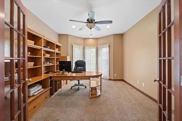 7197 Welford Pl, Sun Prairie, WI 53590 - home office with french doors, carpet flooring, a ceiling fan, and baseboards