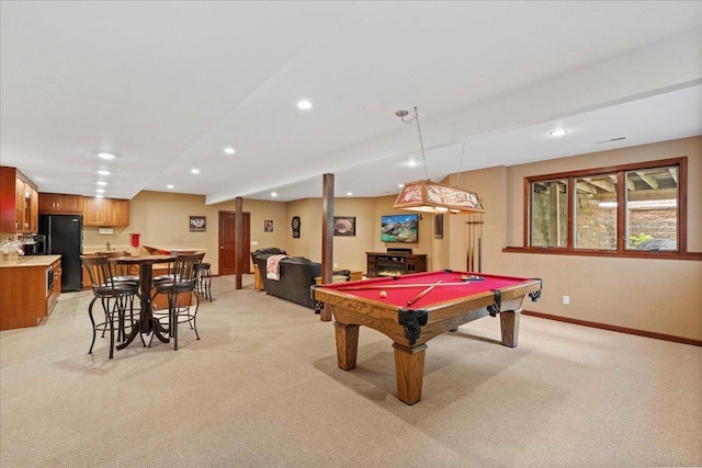 7197 Welford Pl, Sun Prairie, WI 53590 - rec room featuring light carpet, recessed lighting, baseboards, billiards, and bar