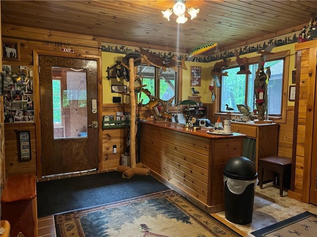 16199 W Musky Point Dr, Stone Lake, WI 54843 - foyer featuring wooden ceiling, wooden walls, and carpet flooring