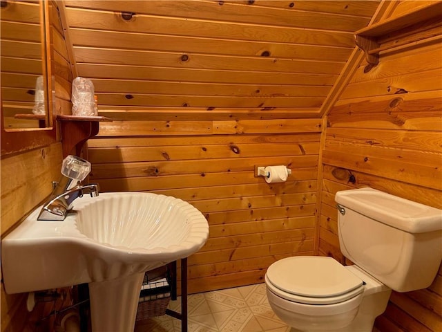 16199 W Musky Point Dr, Stone Lake, WI 54843 - half bath with wood walls, toilet, and wooden ceiling