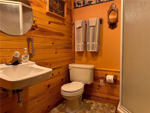 16199 W Musky Point Dr, Stone Lake, WI 54843 - full bath with a sink, toilet, wood walls, a shower stall, and stone finish floors