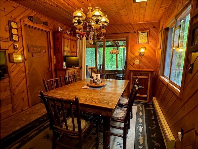 16199 W Musky Point Dr, Stone Lake, WI 54843 - dining space featuring plenty of natural light, wooden ceiling, a chandelier, and wooden walls