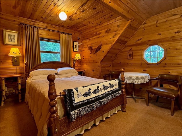 16199 W Musky Point Dr, Stone Lake, WI 54843 - carpeted bedroom featuring wood walls, wooden ceiling, and lofted ceiling