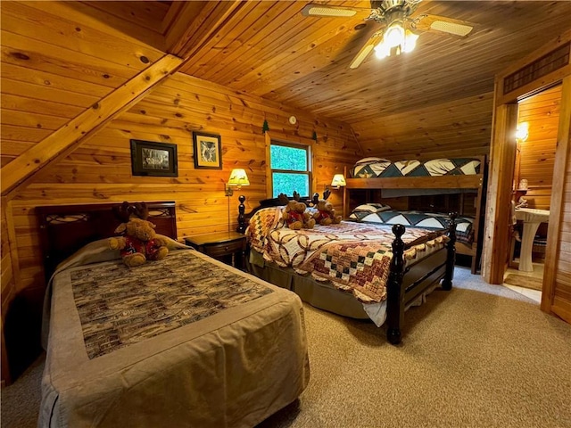 16199 W Musky Point Dr, Stone Lake, WI 54843 - carpeted bedroom with wooden walls, wood ceiling, lofted ceiling, and ceiling fan