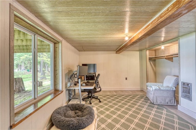 N5757 Division Ave, Stone Lake, WI 54876 - office space with wood ceiling, plenty of natural light, heating unit, wood finished floors, and baseboards