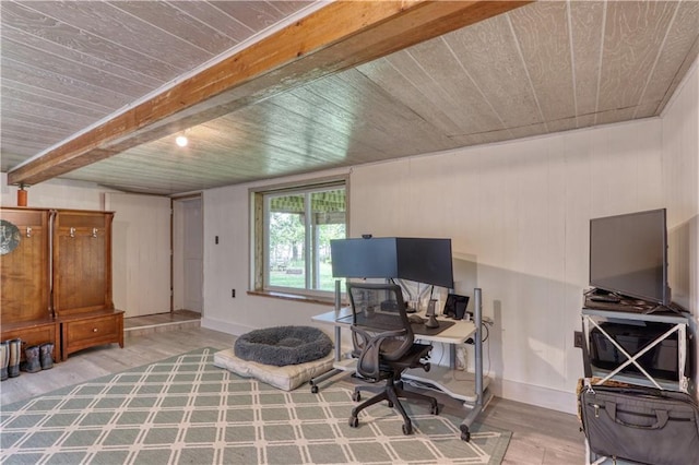 N5757 Division Ave, Stone Lake, WI 54876 - office space featuring wooden ceiling with exposed beams, wood finished floors, and baseboards