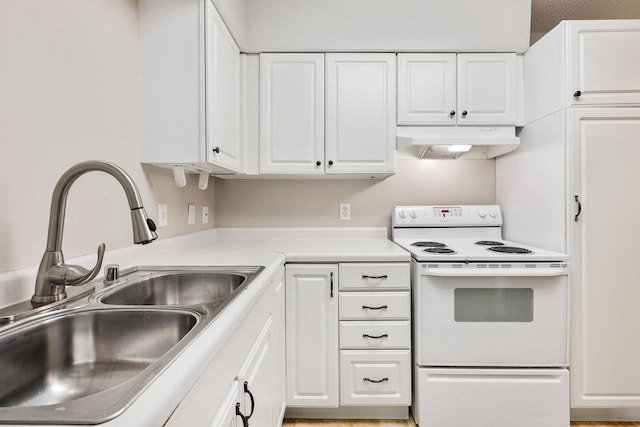 530 Dapin Rd, Madison, WI 53704 - kitchen featuring white electric stove, under cabinet range hood, white cabinetry, and light countertops