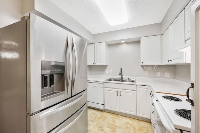 530 Dapin Rd, Madison, WI 53704 - kitchen featuring stainless steel fridge with ice dispenser, white dishwasher, range with electric stovetop, white cabinets, and a textured ceiling
