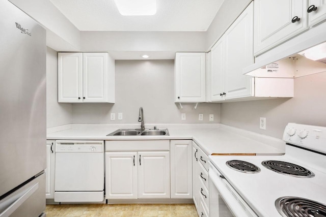 530 Dapin Rd, Madison, WI 53704 - kitchen with white appliances, custom exhaust hood, white cabinets, and light countertops