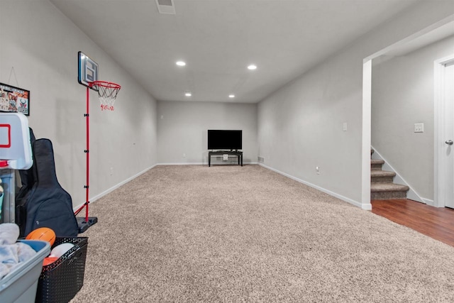 1308 Lavender Ln, Appleton, WI 54915 - basement with recessed lighting, carpet floors, baseboards, and stairs