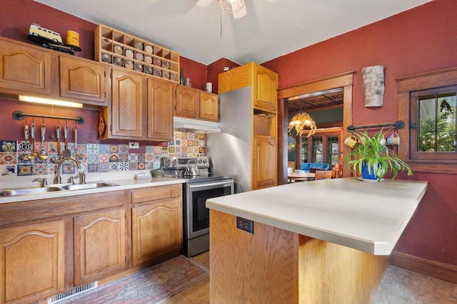 224 E Atlantic St, Appleton, WI 54911 - kitchen with stainless steel range with electric stovetop, under cabinet range hood, a sink, light countertops, and ceiling fan