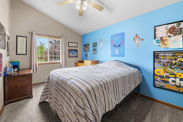 W7009 Crestwood Ln, Fond Du Lac, WI 54937 - bedroom featuring carpet floors, baseboards, lofted ceiling, and a ceiling fan