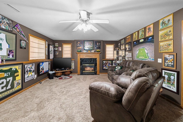W7009 Crestwood Ln, Fond Du Lac, WI 54937 - living room featuring carpet flooring, plenty of natural light, and a ceiling fan