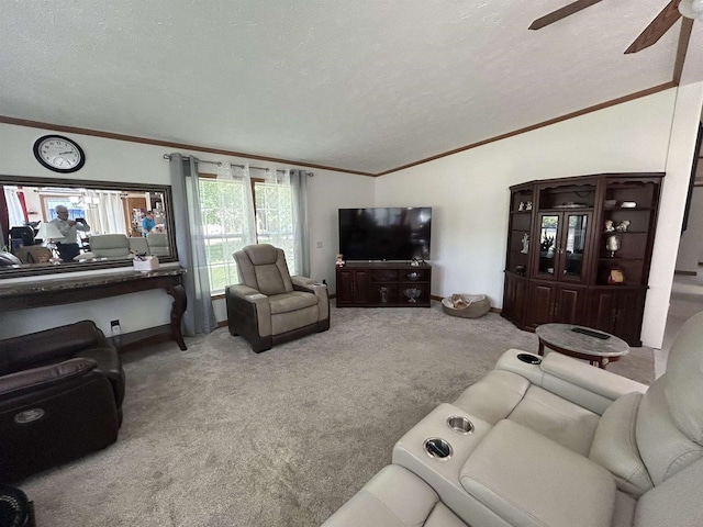 715 Oak St, Shawano, WI 54166 - carpeted living room with crown molding, a ceiling fan, a textured ceiling, vaulted ceiling, and baseboards